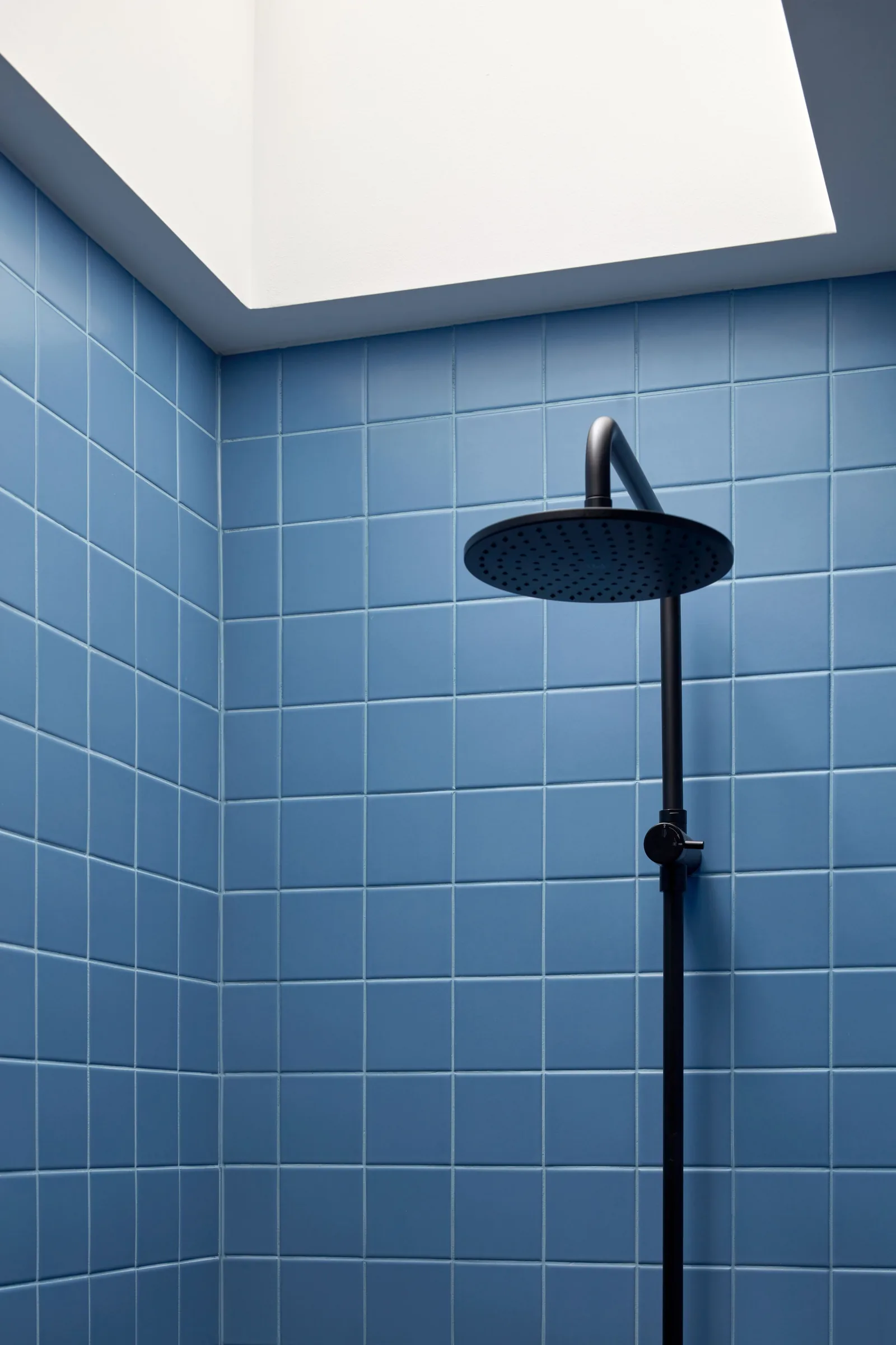 Cobalt blue tiled shower with black rain head and skylight