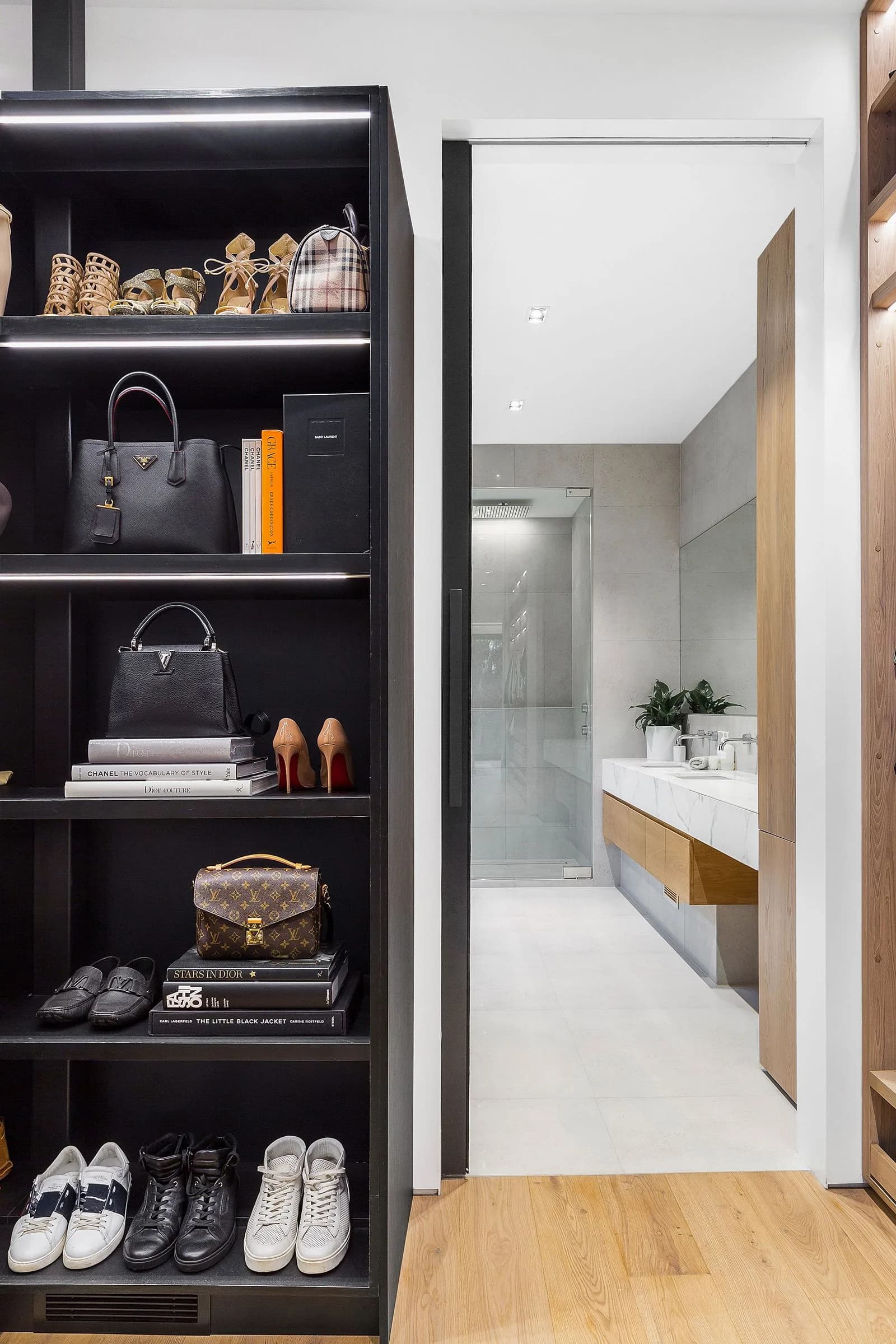 Walk-in robe with black display shelving